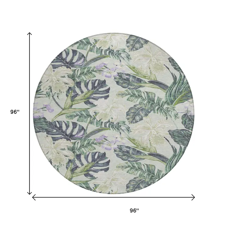 8' Artichoke Green Lavender And Ivory Round Botanical Leaves Washable Indoor Outdoor Area Rug