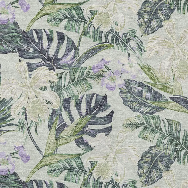 8' X 10' Artichoke Green Lavender And Ivory Botanical Leaves Washable Indoor Outdoor Area Rug