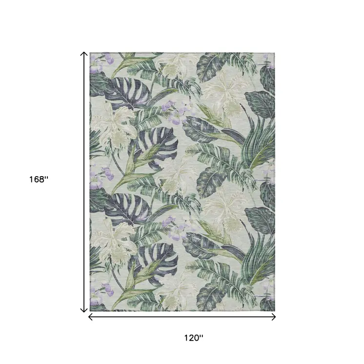 10' X 14' Artichoke Green Lavender And Ivory Botanical Leaves Washable Indoor Outdoor Area Rug