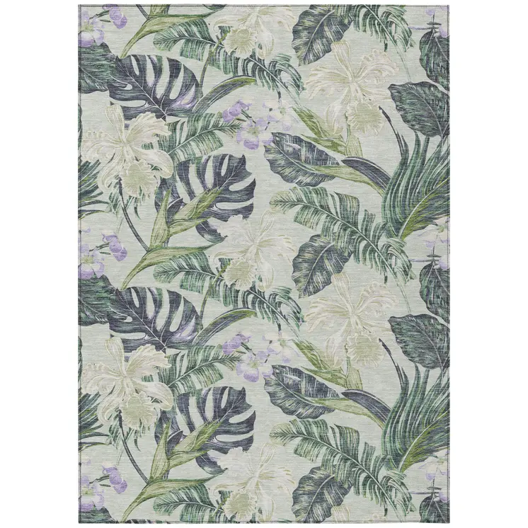 10' X 14' Artichoke Green Lavender And Ivory Botanical Leaves Washable Indoor Outdoor Area Rug