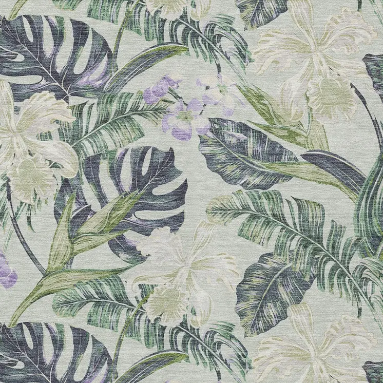 10' X 14' Artichoke Green Lavender And Ivory Botanical Leaves Washable Indoor Outdoor Area Rug