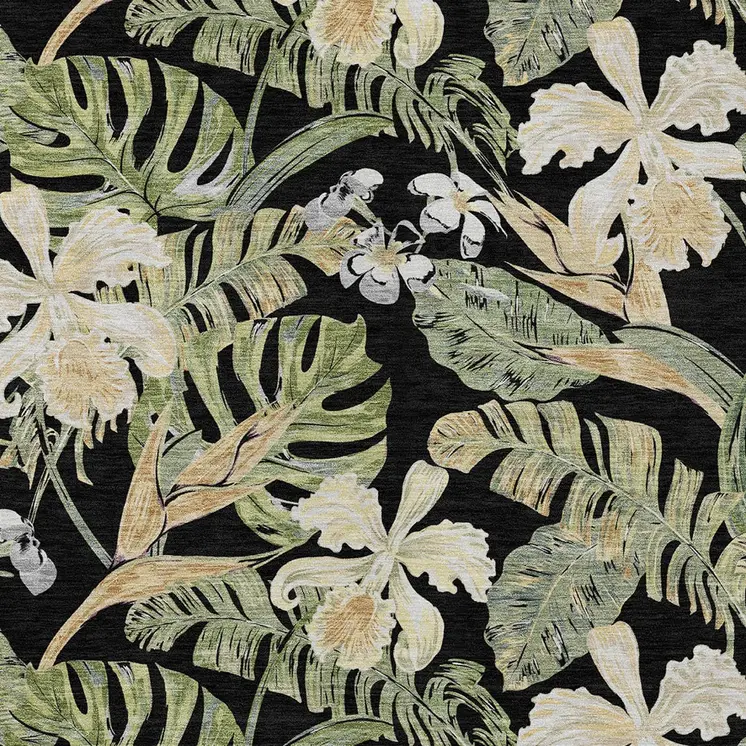 3' X 5' Black Beige And Fern Green Botanical Leaves Washable Indoor Outdoor Area Rug
