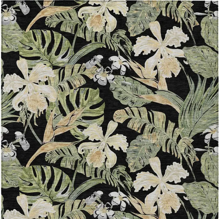 5' X 8' Black Beige And Fern Green Botanical Leaves Washable Indoor Outdoor Area Rug