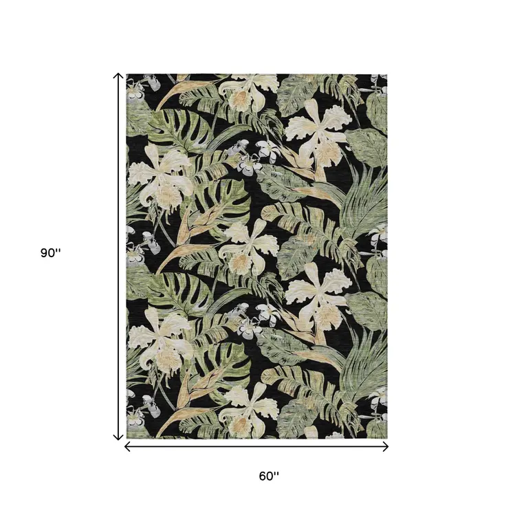 5' X 8' Black Beige And Fern Green Botanical Leaves Washable Indoor Outdoor Area Rug