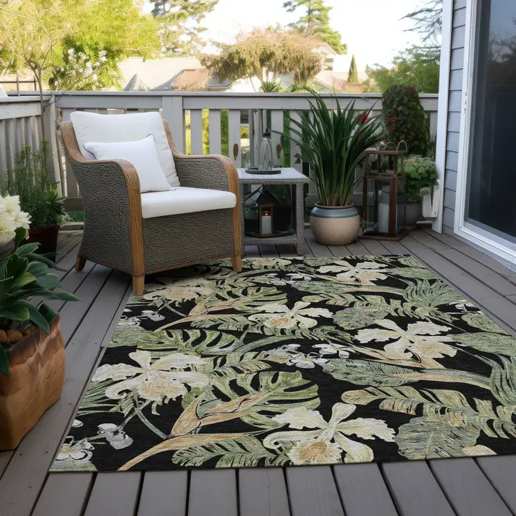 5' X 8' Black Beige And Fern Green Botanical Leaves Washable Indoor Outdoor Area Rug