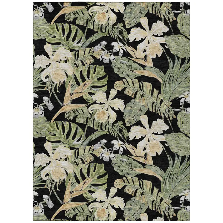 5' X 8' Black Beige And Fern Green Botanical Leaves Washable Indoor Outdoor Area Rug