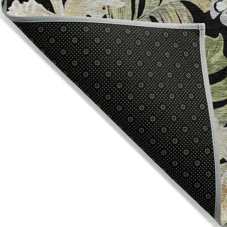5' X 8' Black Beige And Fern Green Botanical Leaves Washable Indoor Outdoor Area Rug