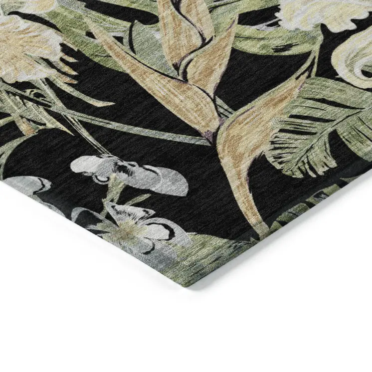 5' X 8' Black Beige And Fern Green Botanical Leaves Washable Indoor Outdoor Area Rug