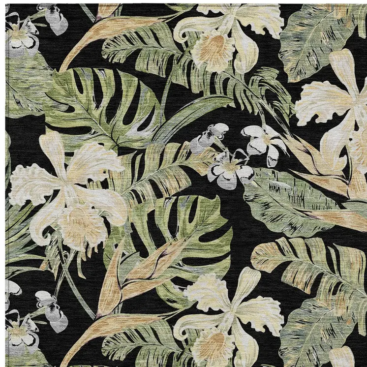 5' X 8' Black Beige And Fern Green Botanical Leaves Washable Indoor Outdoor Area Rug