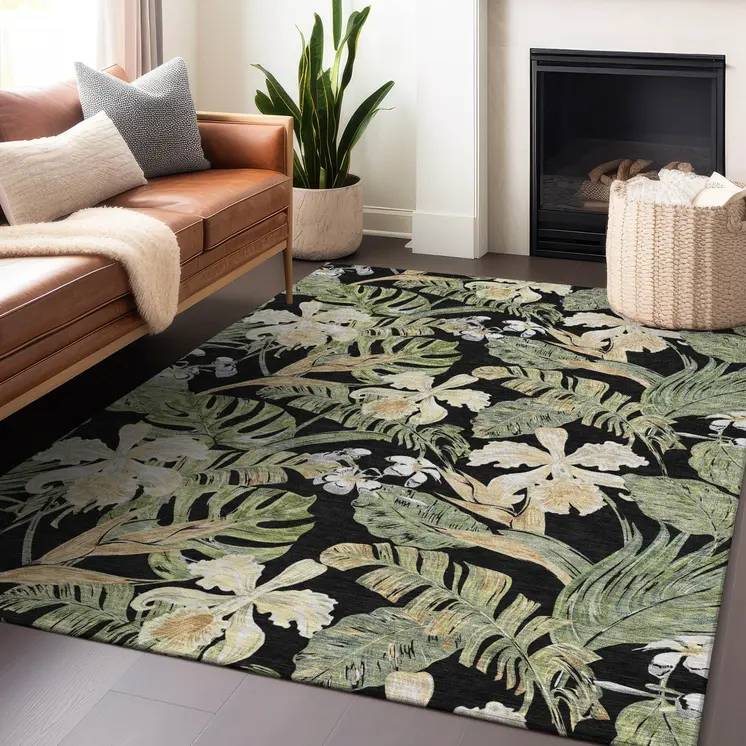 5' X 8' Black Beige And Fern Green Botanical Leaves Washable Indoor Outdoor Area Rug