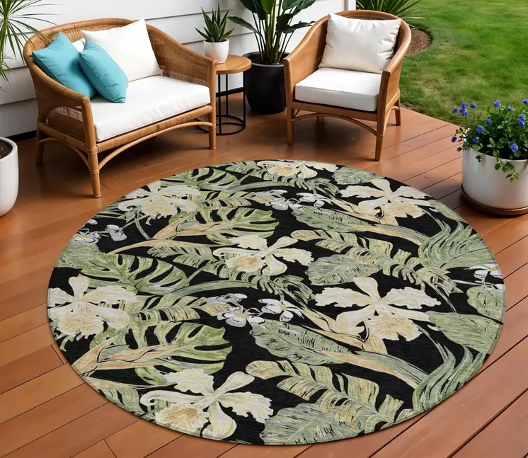 8' Black Beige And Fern Green Round Botanical Leaves Washable Indoor Outdoor Area Rug