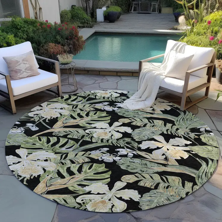 8' Black Beige And Fern Green Round Botanical Leaves Washable Indoor Outdoor Area Rug