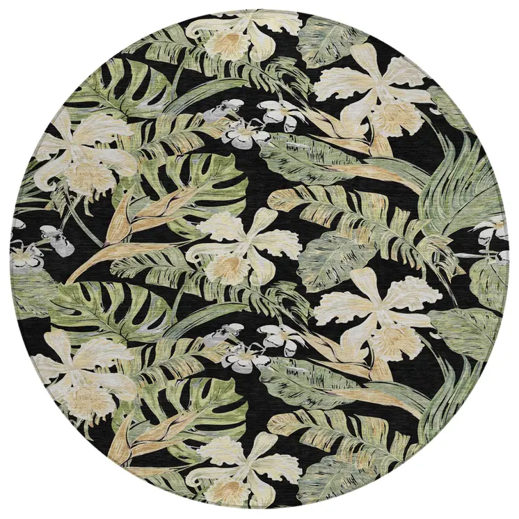 8' Black Beige And Fern Green Round Botanical Leaves Washable Indoor Outdoor Area Rug