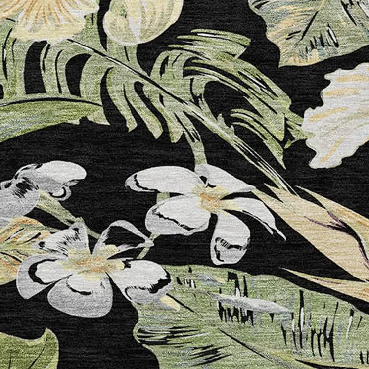 8' Black Beige And Fern Green Round Botanical Leaves Washable Indoor Outdoor Area Rug
