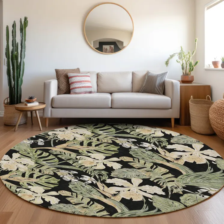 8' Black Beige And Fern Green Round Botanical Leaves Washable Indoor Outdoor Area Rug
