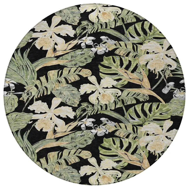 8' Black Beige And Fern Green Round Botanical Leaves Washable Indoor Outdoor Area Rug
