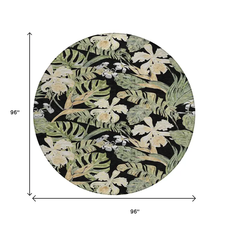 8' Black Beige And Fern Green Round Botanical Leaves Washable Indoor Outdoor Area Rug