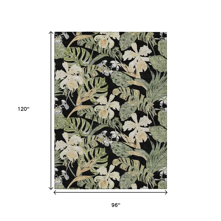 8' X 10' Black Beige And Fern Green Botanical Leaves Washable Indoor Outdoor Area Rug