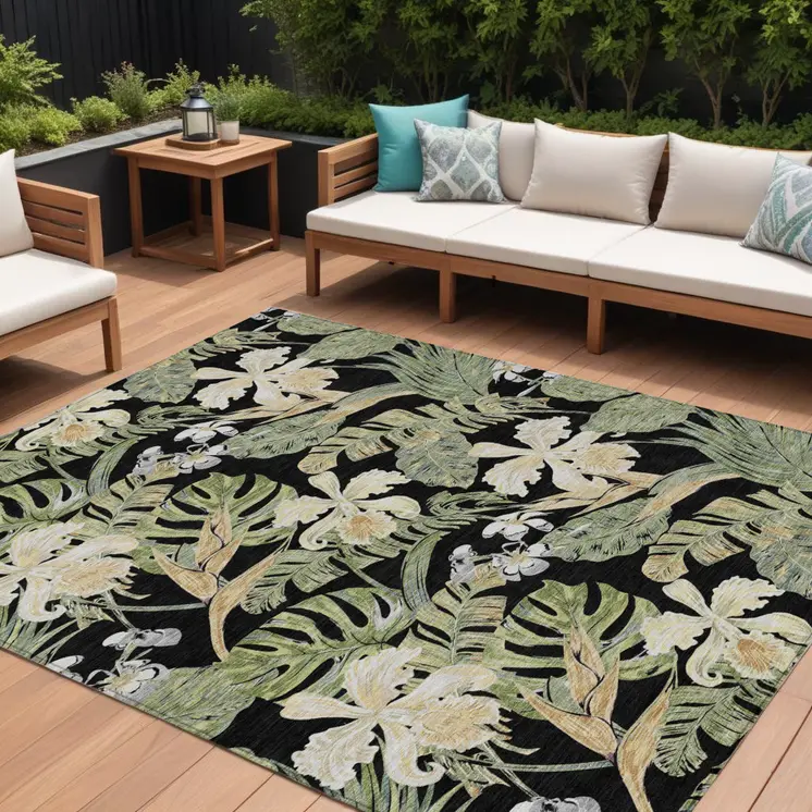 8' X 10' Black Beige And Fern Green Botanical Leaves Washable Indoor Outdoor Area Rug