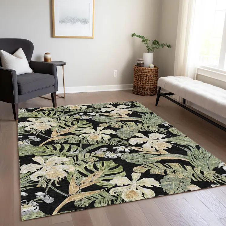 8' X 10' Black Beige And Fern Green Botanical Leaves Washable Indoor Outdoor Area Rug