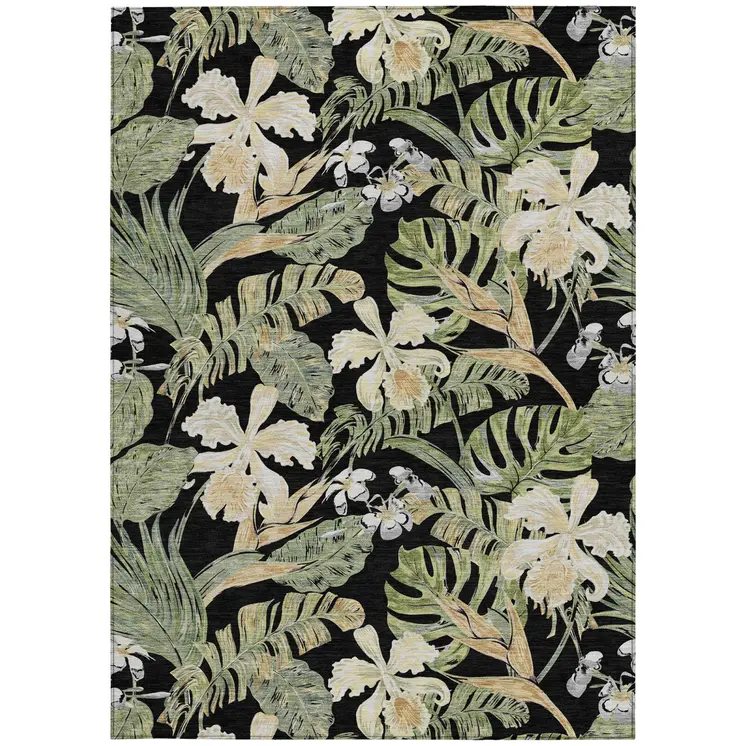 10' X 14' Black Beige And Fern Green Botanical Leaves Washable Indoor Outdoor Area Rug