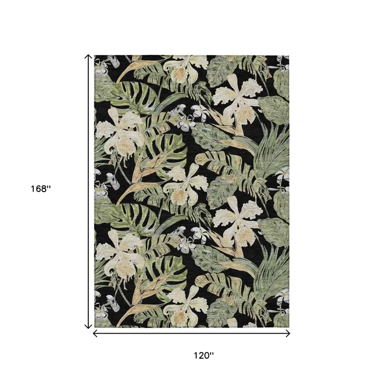 10' X 14' Black Beige And Fern Green Botanical Leaves Washable Indoor Outdoor Area Rug