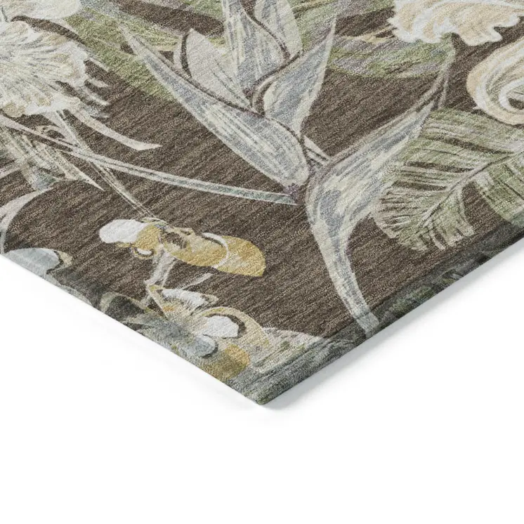 3' X 5' Brown Beige And Olive Green Botanical Leaves Washable Indoor Outdoor Area Rug