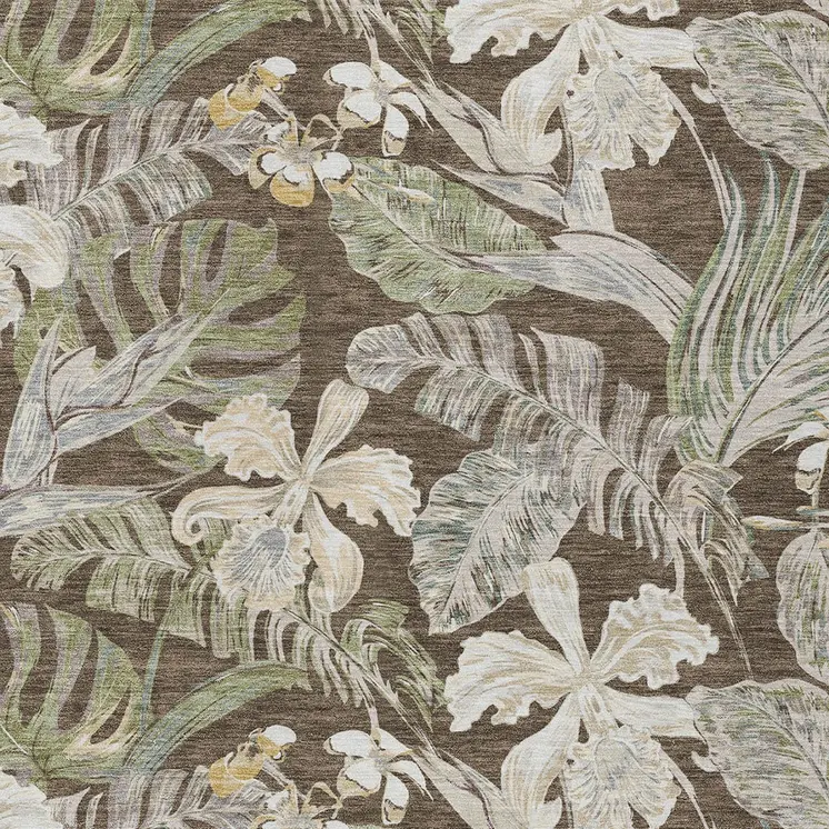 3' X 5' Brown Beige And Olive Green Botanical Leaves Washable Indoor Outdoor Area Rug