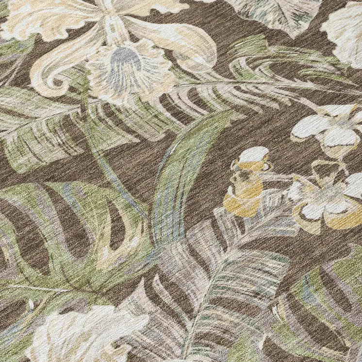 3' X 5' Brown Beige And Olive Green Botanical Leaves Washable Indoor Outdoor Area Rug