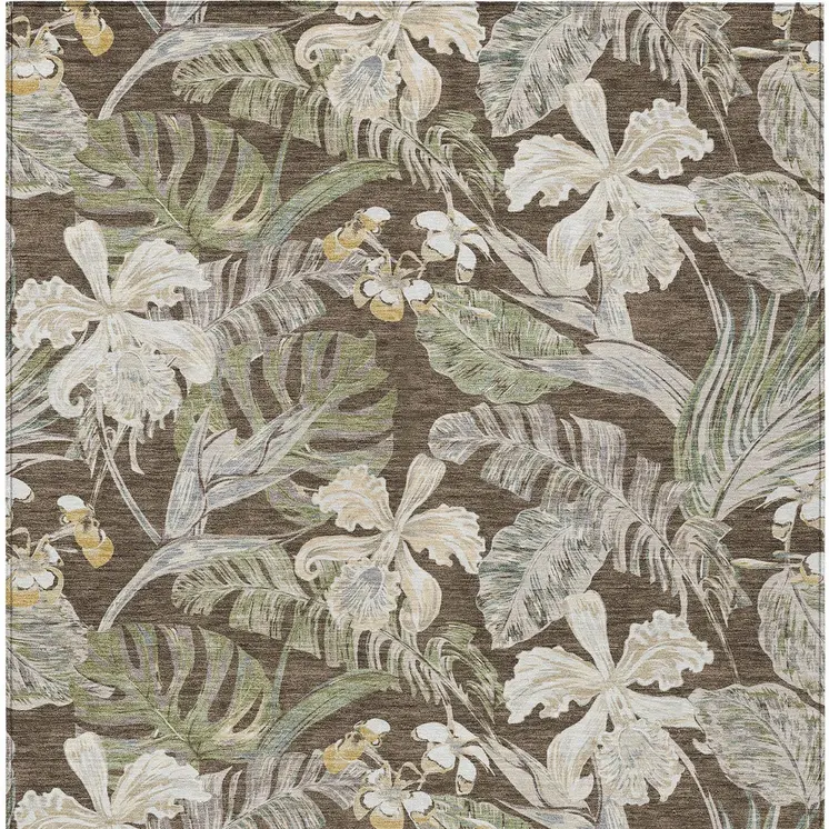 5' X 8' Brown Beige And Olive Green Botanical Leaves Washable Indoor Outdoor Area Rug