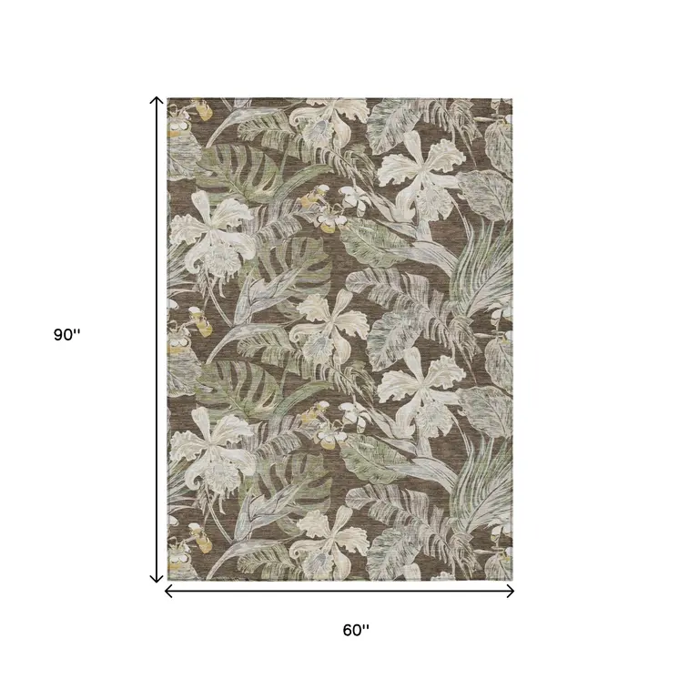 5' X 8' Brown Beige And Olive Green Botanical Leaves Washable Indoor Outdoor Area Rug