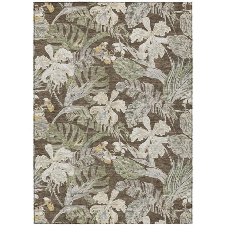 5' X 8' Brown Beige And Olive Green Botanical Leaves Washable Indoor Outdoor Area Rug