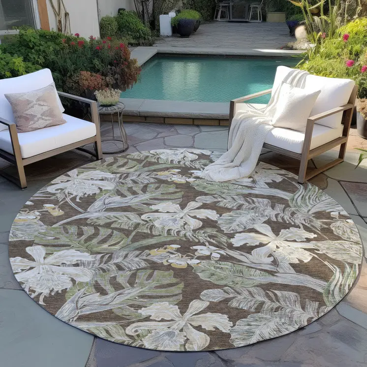 8' Brown Beige And Olive Green Round Botanical Leaves Washable Indoor Outdoor Area Rug