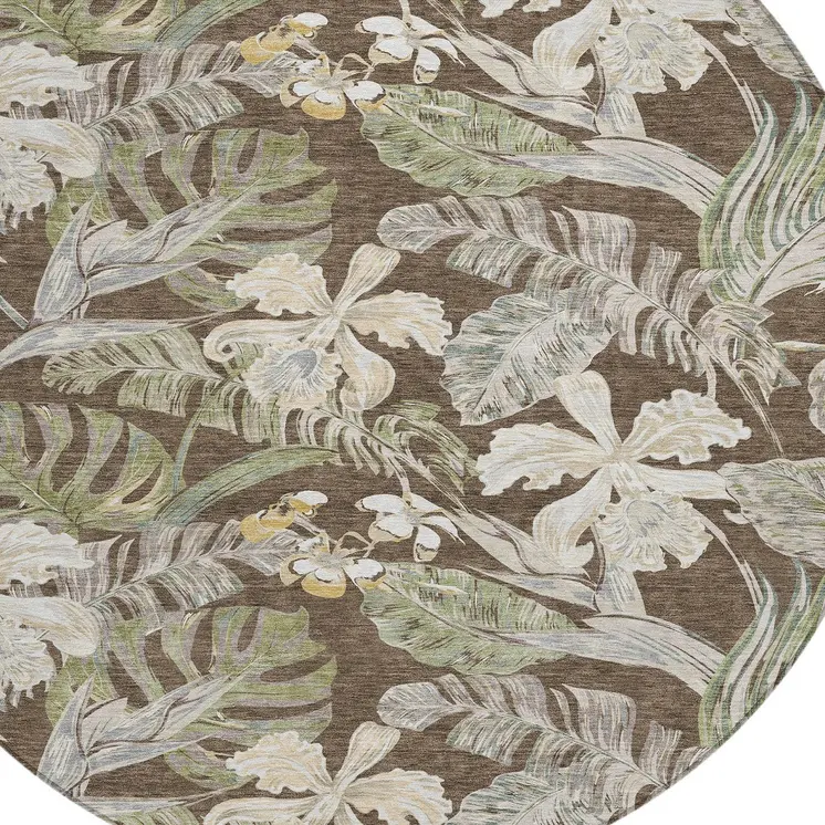 8' Brown Beige And Olive Green Round Botanical Leaves Washable Indoor Outdoor Area Rug
