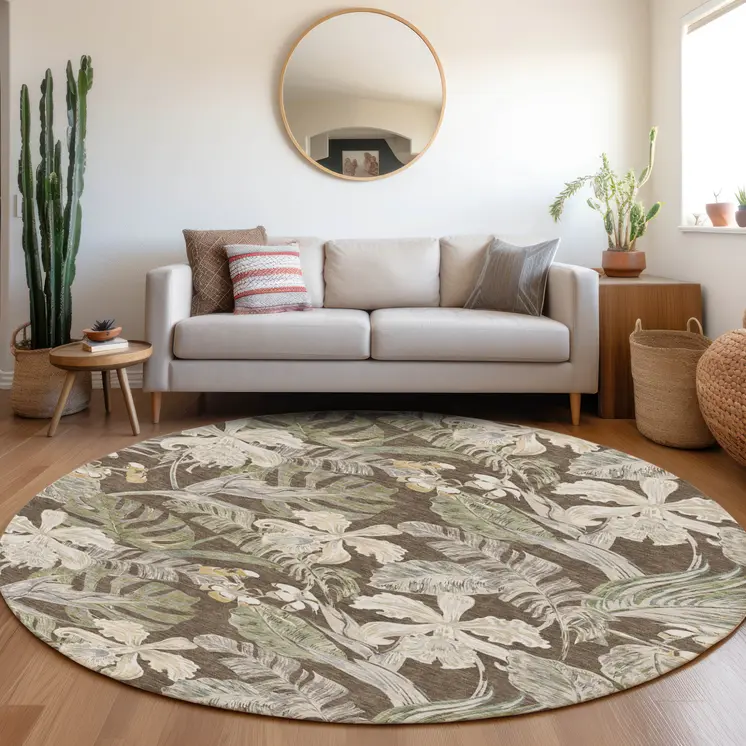 8' Brown Beige And Olive Green Round Botanical Leaves Washable Indoor Outdoor Area Rug