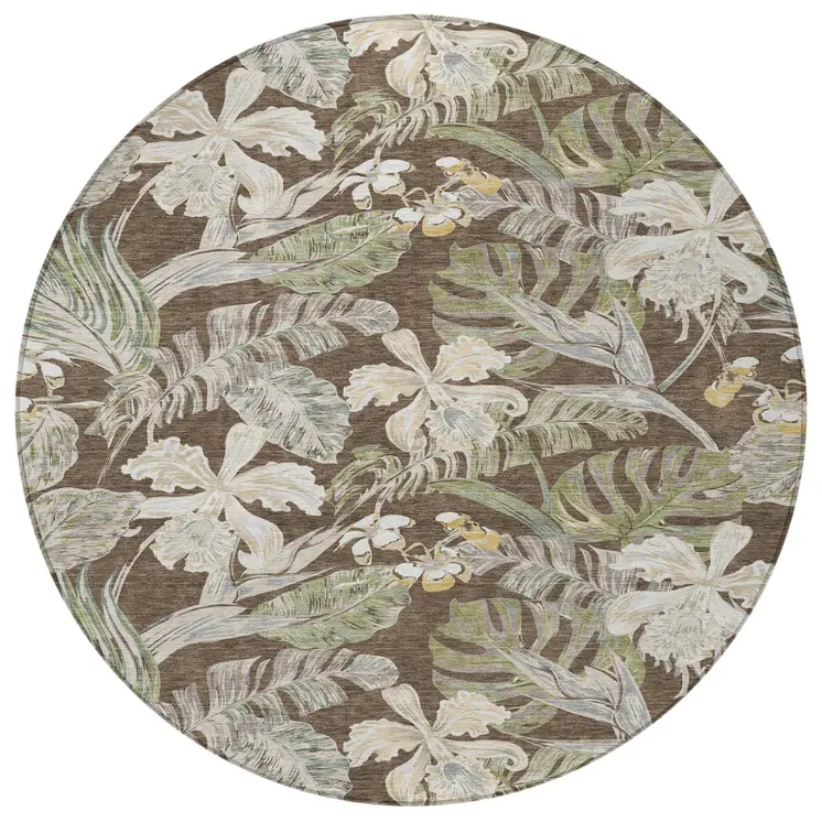 8' Brown Beige And Olive Green Round Botanical Leaves Washable Indoor Outdoor Area Rug