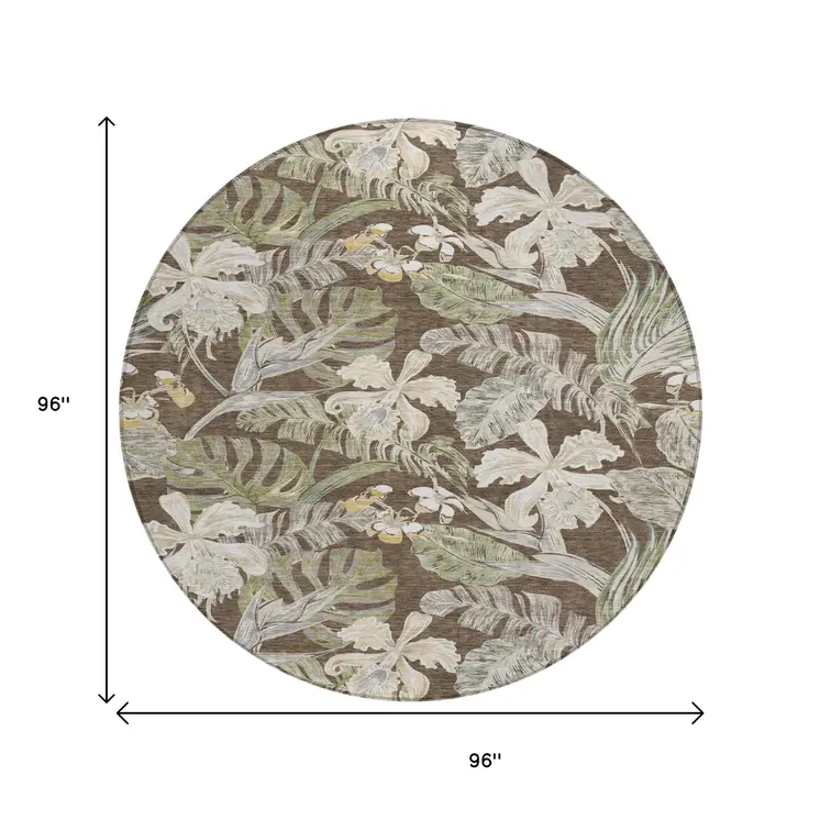 8' Brown Beige And Olive Green Round Botanical Leaves Washable Indoor Outdoor Area Rug