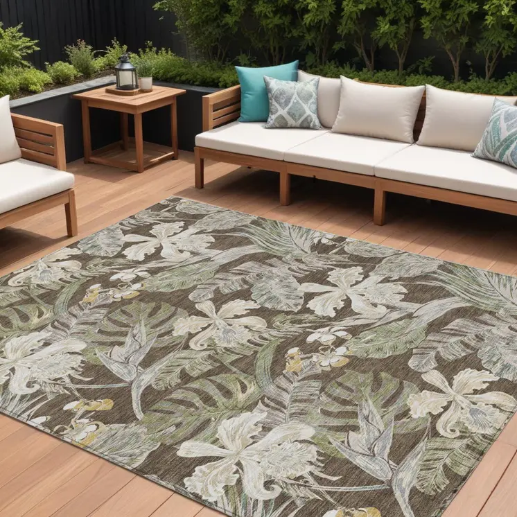 10' X 14' Brown Beige And Olive Green Botanical Leaves Washable Indoor Outdoor Area Rug