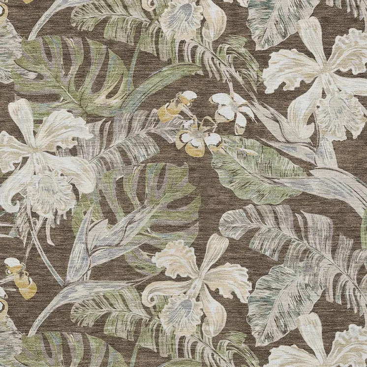 10' X 14' Brown Beige And Olive Green Botanical Leaves Washable Indoor Outdoor Area Rug