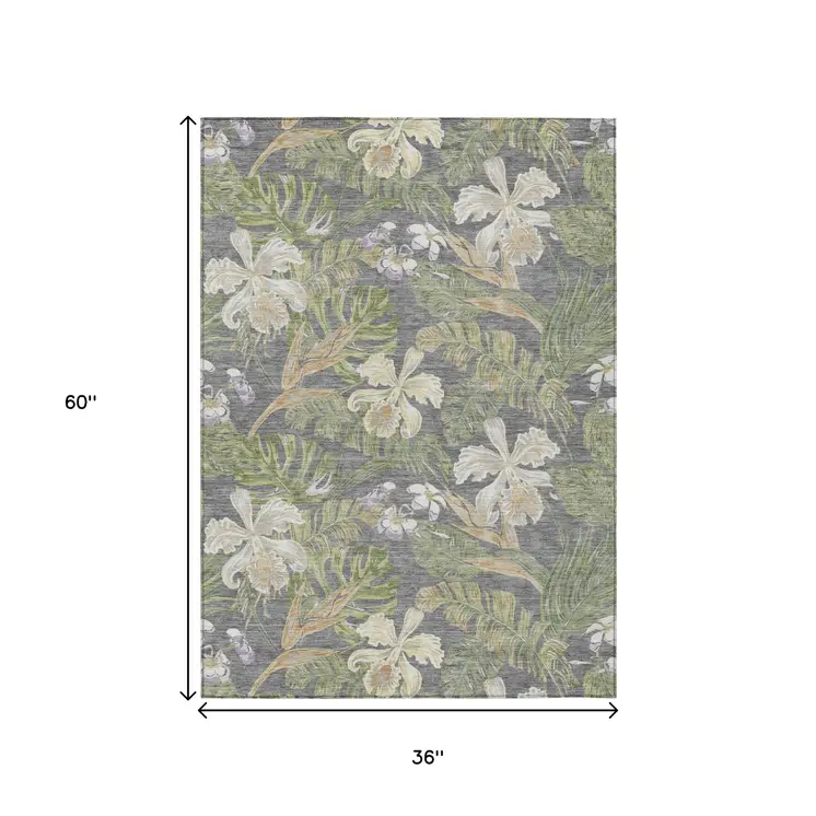 3' X 5' Gray Beige And Olive Green Botanical Leaves Washable Indoor Outdoor Area Rug