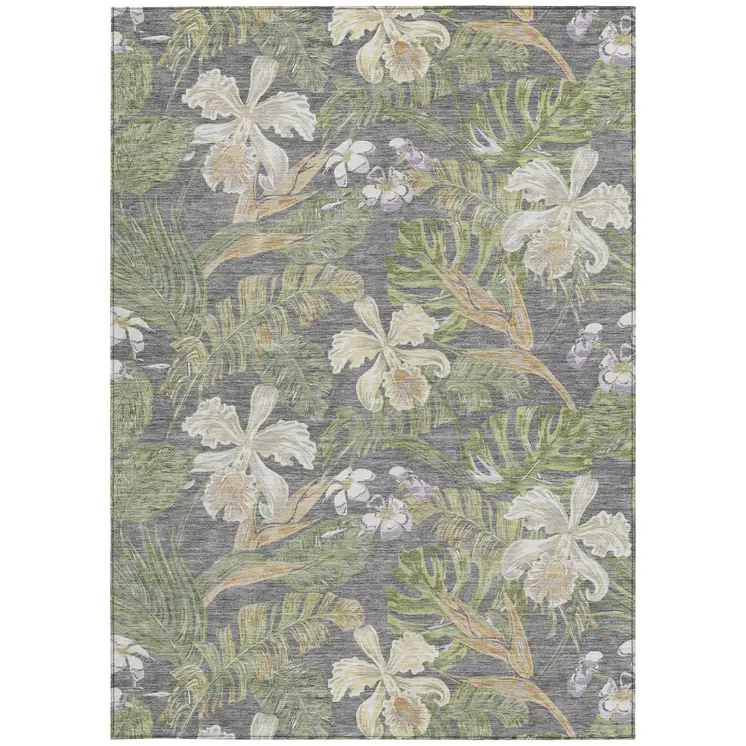 5' X 8' Gray Beige And Olive Green Botanical Leaves Washable Indoor Outdoor Area Rug