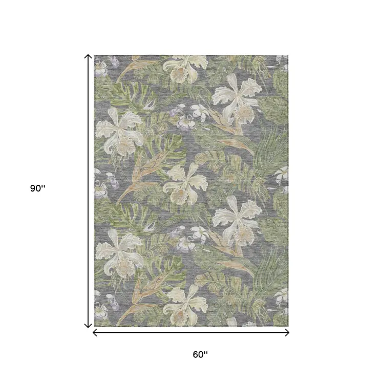 5' X 8' Gray Beige And Olive Green Botanical Leaves Washable Indoor Outdoor Area Rug