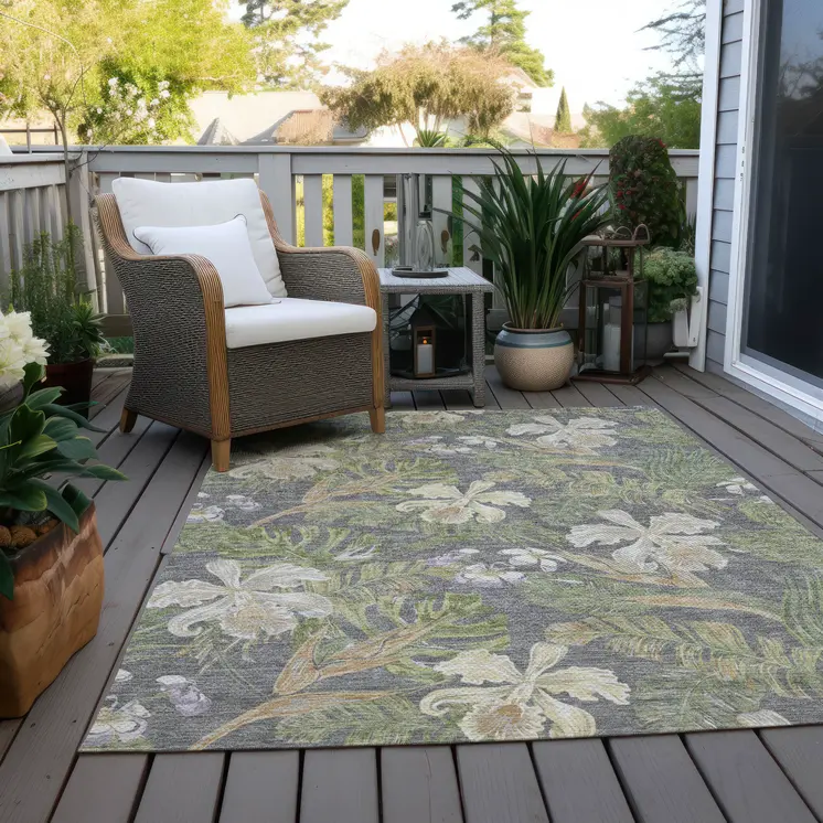 5' X 8' Gray Beige And Olive Green Botanical Leaves Washable Indoor Outdoor Area Rug