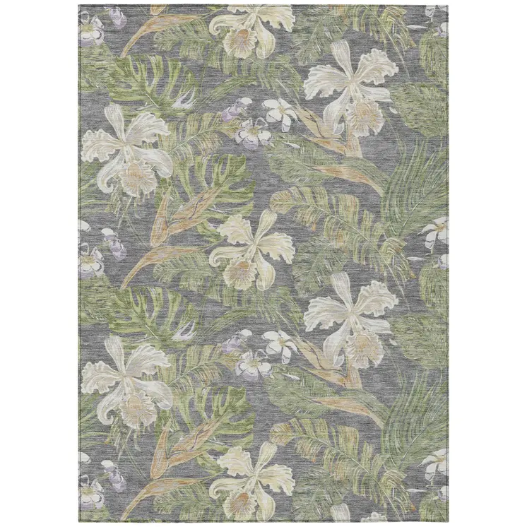 5' X 8' Gray Beige And Olive Green Botanical Leaves Washable Indoor Outdoor Area Rug