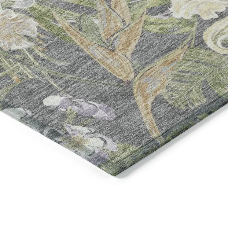 5' X 8' Gray Beige And Olive Green Botanical Leaves Washable Indoor Outdoor Area Rug
