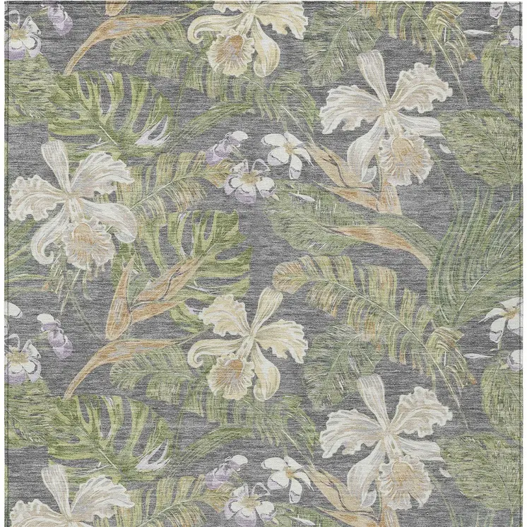 5' X 8' Gray Beige And Olive Green Botanical Leaves Washable Indoor Outdoor Area Rug