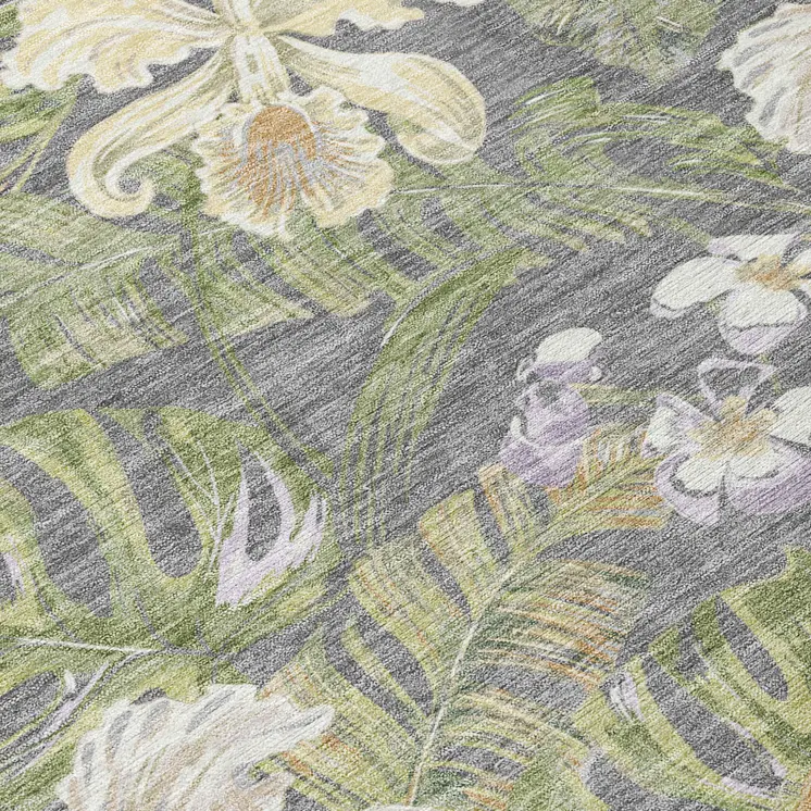 5' X 8' Gray Beige And Olive Green Botanical Leaves Washable Indoor Outdoor Area Rug