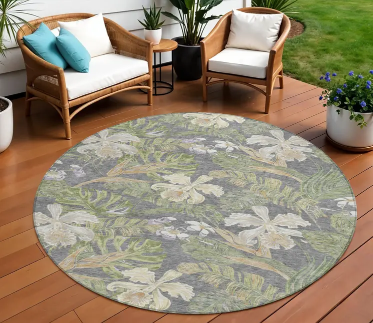 8' Gray Beige And Olive Green Round Botanical Leaves Washable Indoor Outdoor Area Rug