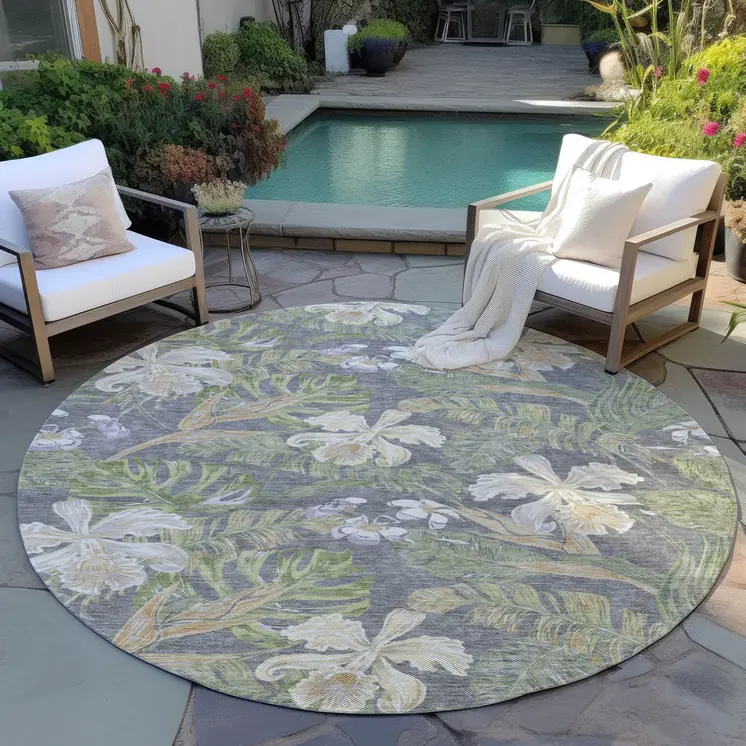8' Gray Beige And Olive Green Round Botanical Leaves Washable Indoor Outdoor Area Rug