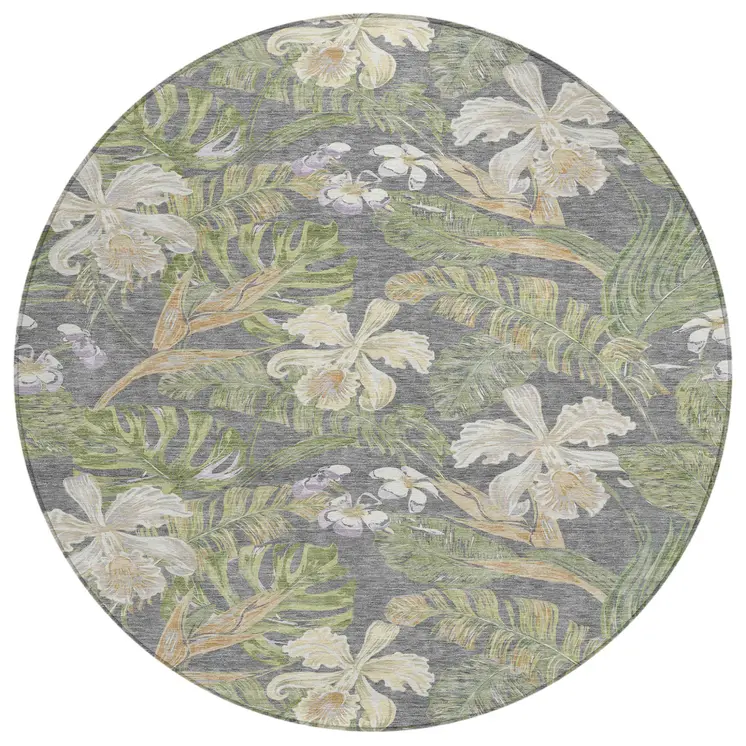 8' Gray Beige And Olive Green Round Botanical Leaves Washable Indoor Outdoor Area Rug